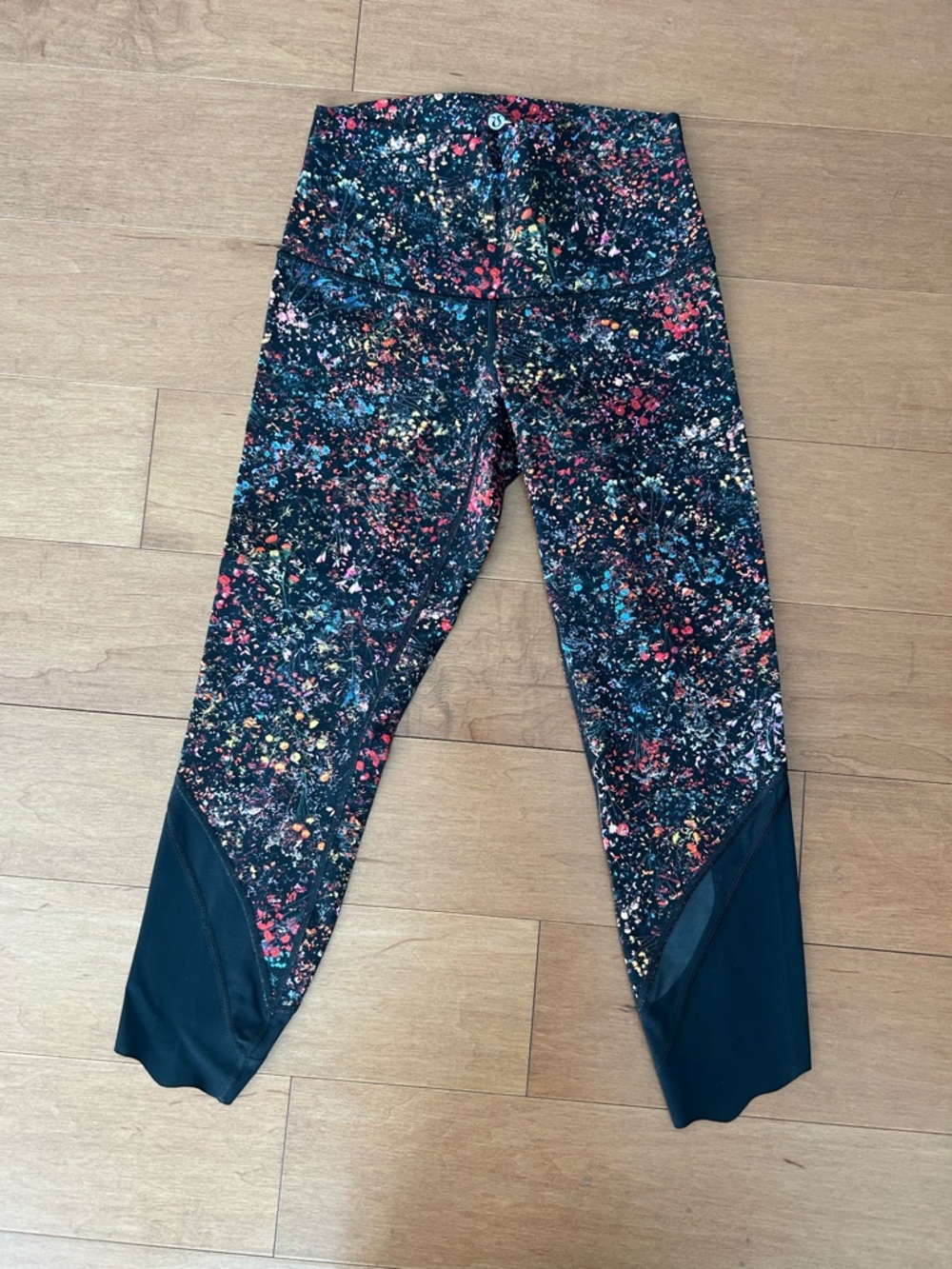 lululemon Black Multicolor Floral Splatter Capri Leggings with Mesh Panels